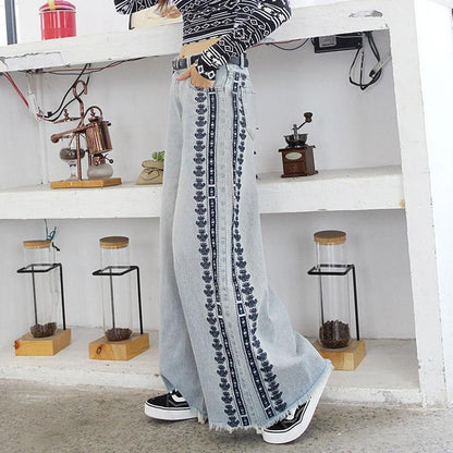 Autumn Embroidered Wide-leg Jeans Girls Plus Size Embroidered Trousers Loose High Waist Wide-leg Thigh Pants