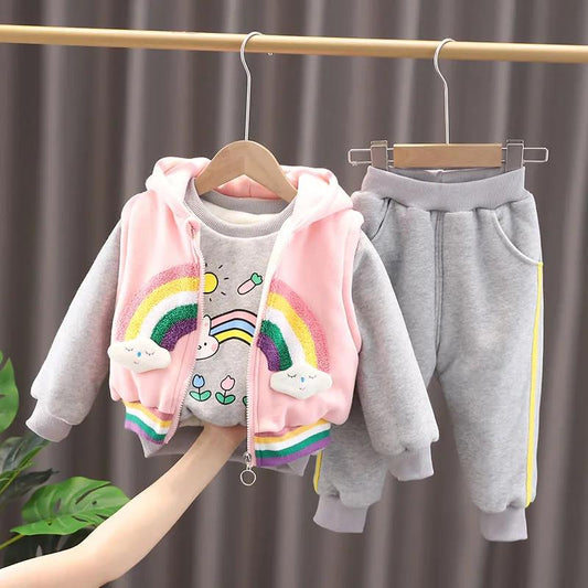 Girls' Fall Winter Three-piece Suit with Velvet and Thickening Baby and Children Sweater Baby Girl Printing Rainbow Style Winter Cotton Dress