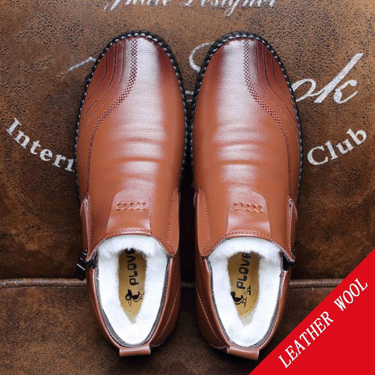 Winter Leather Cowhide High-top Cotton Shoes Men Plus Velvet Warm Leather Shoes Wool Lining Shoes