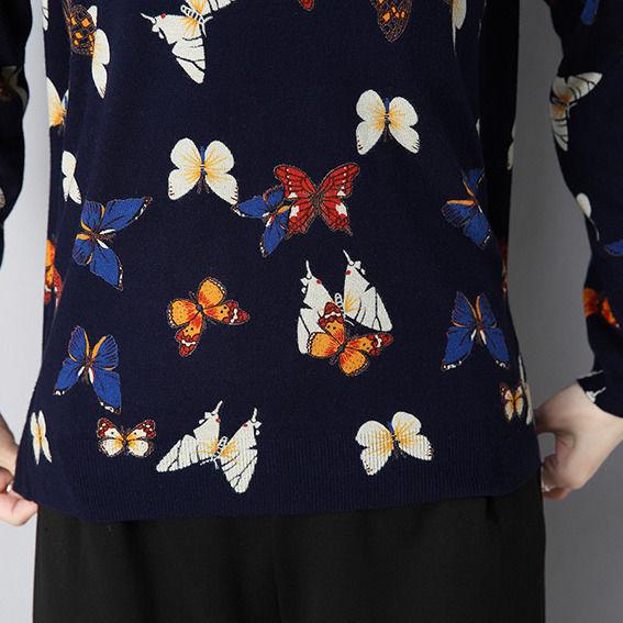 Plus Size Spring, Autumn and Winter Butterfly Print Sweater Cashmere Knit Bottoming Sweater Vintage Slim Warm Woolen Sweater Jumper Outwear