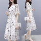 Pofulove S-2XL Women Printed Chiffon Dress Slim Short-sleeved O-neck A-line Vacation Beach Skirt