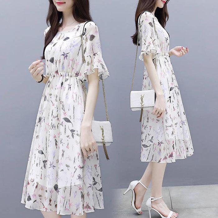 Pofulove S-2XL Women Printed Chiffon Dress Slim Short-sleeved O-neck A-line Vacation Beach Skirt