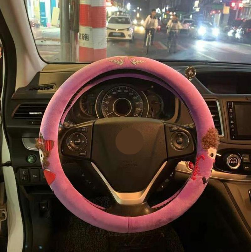 Wool Steering Wheel Cover Cartoon Doll Embroidery Steering Wheel Cover Winter Warm Car Interior
