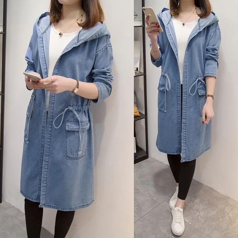 All-match Mid-length Denim Jacket Hooded Trench Coat Spring and Autumn Plus Size Women's Loose Waist Dress Jeans Jacket