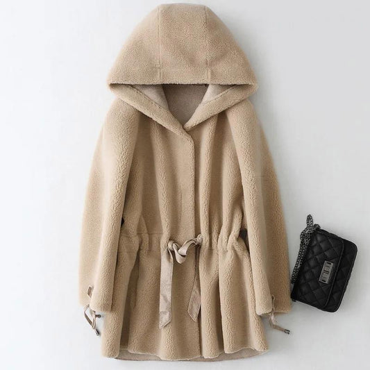 Women's Particle Cashmere Coat Winter Thick Hooded Loose Lamb Wool Coat Mid-length Faux Wool Fur Coat
