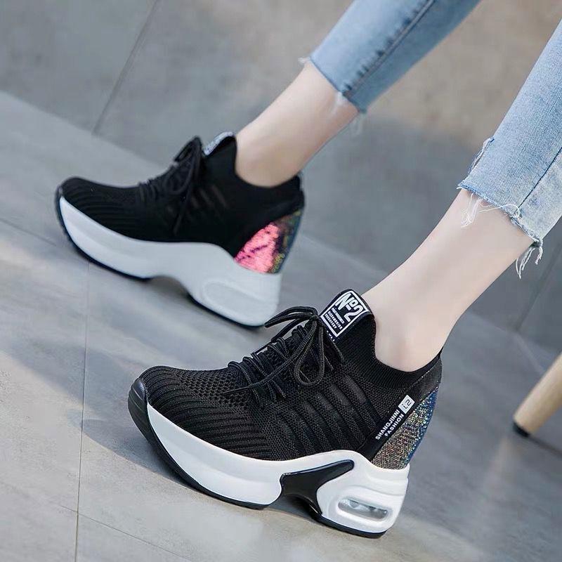 Platform Women Casual White Shoes 8cm Heels Summer Womens Casual Sneakers Breathable Mesh Shoes
