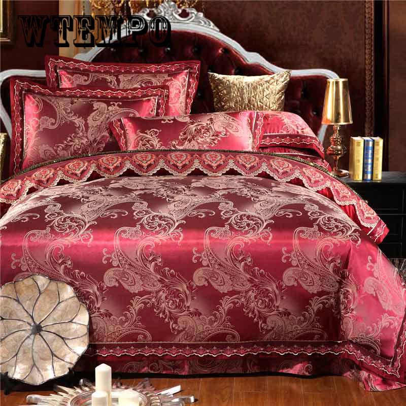 Luxury Wedding Bedding Set Bed  Duvet quilts Cover Lace Satin Bed Sheet Set Pillowcases