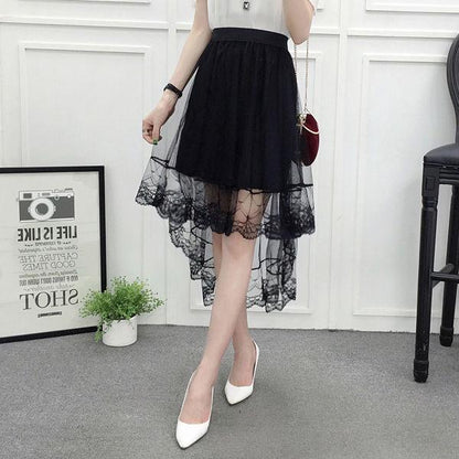 Women High Waist Scalloped Lace Trim Midi Long Skirt Lined Solid Color Irregular Hem Pleated Double Layer Sheer Mesh Skirt