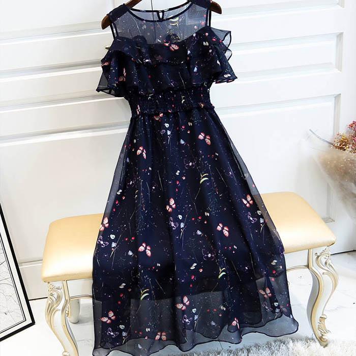 Pofulove XS-2XL Women O-neck Off Shoulder Print Chiffon Dress Slim Short-sleeved Long A-line Dress