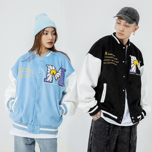 Hip Hop Patchwork Baseball Jackets Mens Letter Daisy Flowers Patch Leather Bomber Jackets Men Spring Oversized Streetwear Coats
