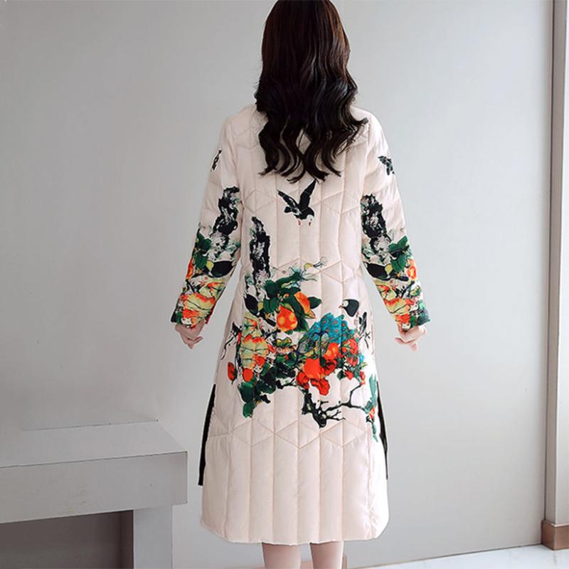 Solid Color Printed Stand-collar Down Jacket Warm Stand-collar Quilted Jacket Women's Long Down Jacket Women's Winter Retro Padded Down Jacket