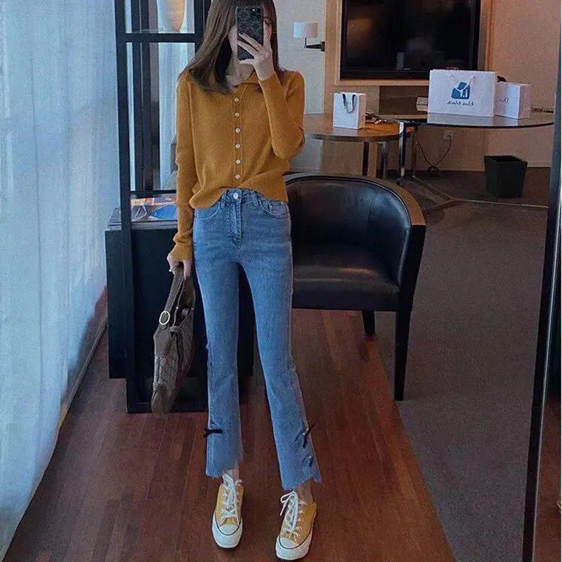Spring Women's Light-colored Bifurcated Micro-leg Nine-point Pants, High-waisted and Thin Western-style Bow Jeans