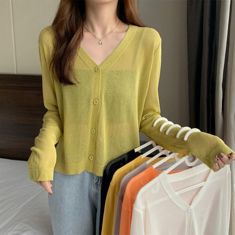 Thin Sunscreen Air Conditioning Cardigan Summer Korean Top Loose V-neck Long Sleeve Knit Women's Top