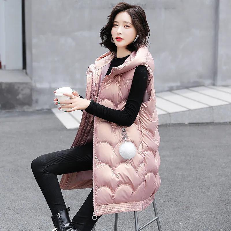 Winter Ladies Hooded Down Vest Jacket Fashion Glossy Down Cotton Sleeveless Jacket Thicken Warm Winter Vest