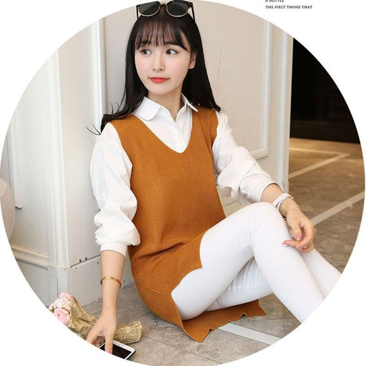 Spring and Autumn Plus Size Knitted Sweater Mid-length Loose V-neck Vest Fashion Solid Color Women's Top