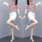 Large Size Skirt Set Women's Plaid Short-sleeved Shirt High-waisted Skirt Two-piece Bow Knot Sleeve Plaid Belt A-line Skirt Slim Summer Dress Suit