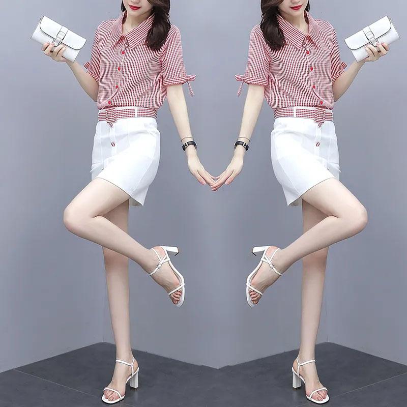 Large Size Skirt Set Women's Plaid Short-sleeved Shirt High-waisted Skirt Two-piece Bow Knot Sleeve Plaid Belt A-line Skirt Slim Summer Dress Suit