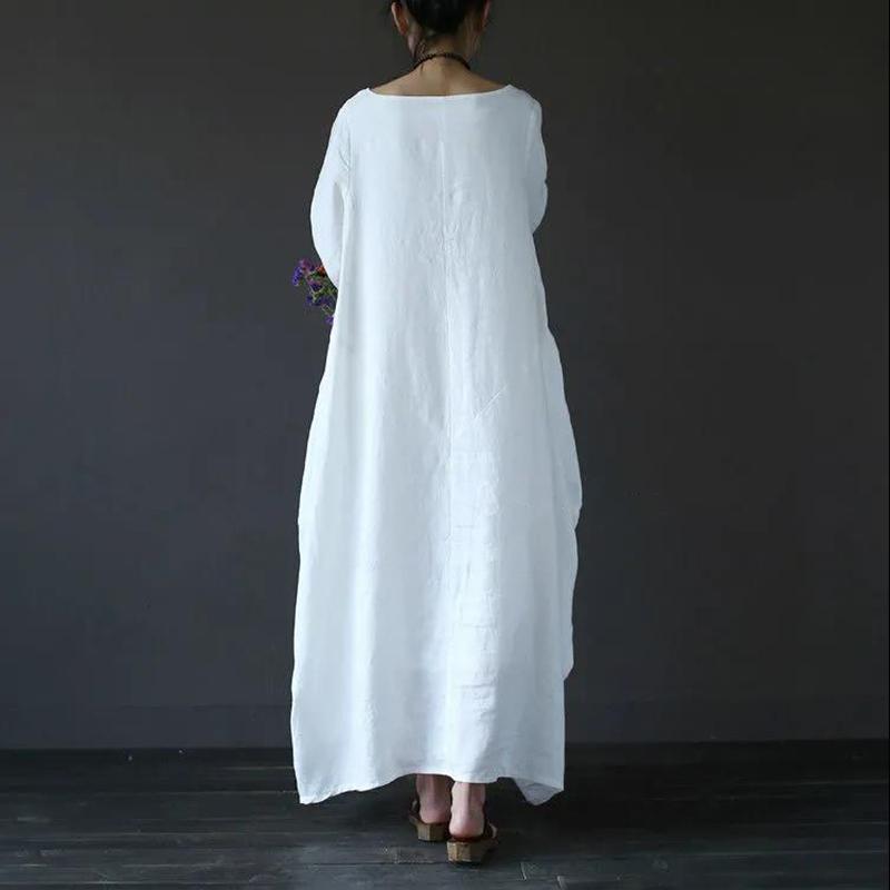S-XXXXXL Summer Cotton and Linen 3/4 sleeved Full Length Large Size Loose Casual Solid Color Dress