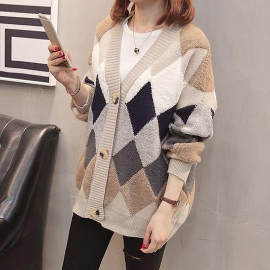 Colorblock Printing V-neck Jacket Autumn and Winter Button Knit Cardigan Loose Casual Sweater