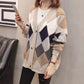 Colorblock Printing V-neck Jacket Autumn and Winter Button Knit Cardigan Loose Casual Sweater