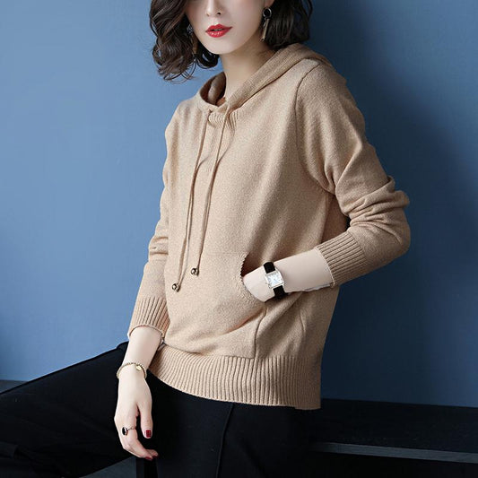Autumn Sweater Women Hooded Collar Pullover Solid Color Knitted Short Jacket Fashion Casual