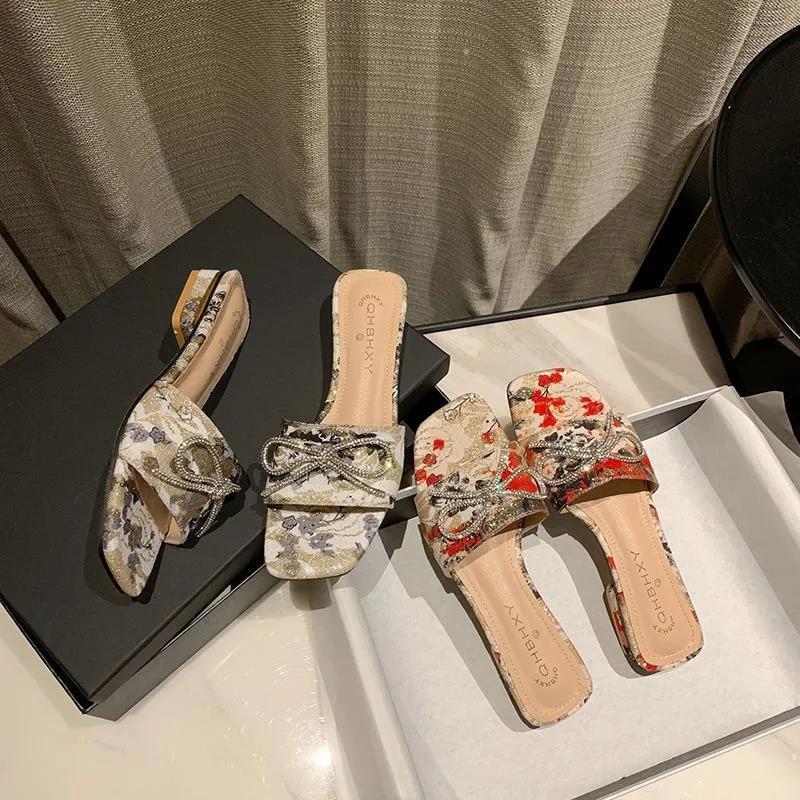 Slippers Women's Summer Wear Thick-heeled Sandals and Slippers All-match Bow-knot Square Toe Korean Style Non-slip