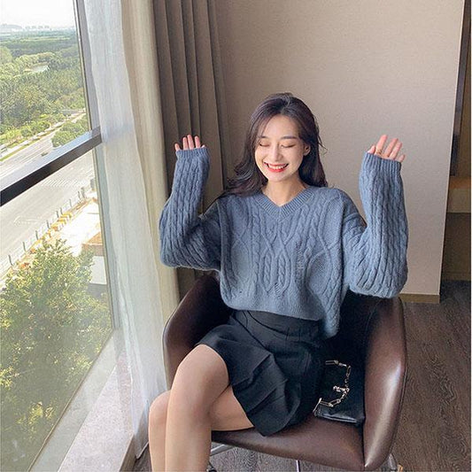Autumn and Winter Retro Japanese Short Hooded Loose Student Outer Wear Lazy V-neck Sweater Women