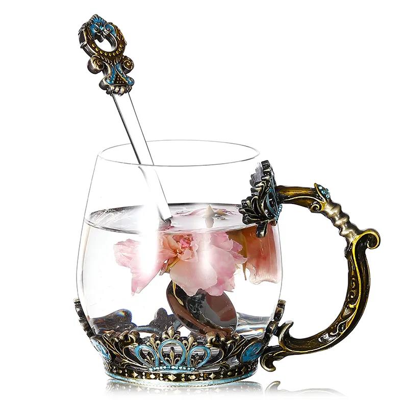 Retro Enamel Color Water Cup Flower Teacup Personality Trend Glass Female Teacup Creative Home Coffee Cup with Lid Spoon