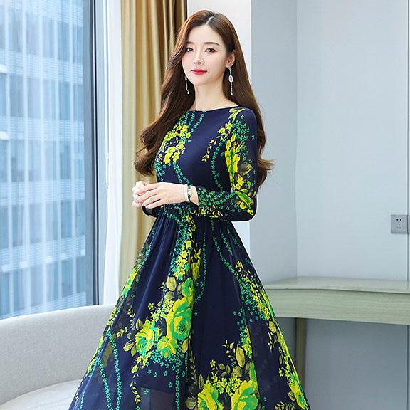 Women's Spring Summer Printed Long Sleeve Dress Autumn Loose Plus Size Casual Long Floral A-line Dress