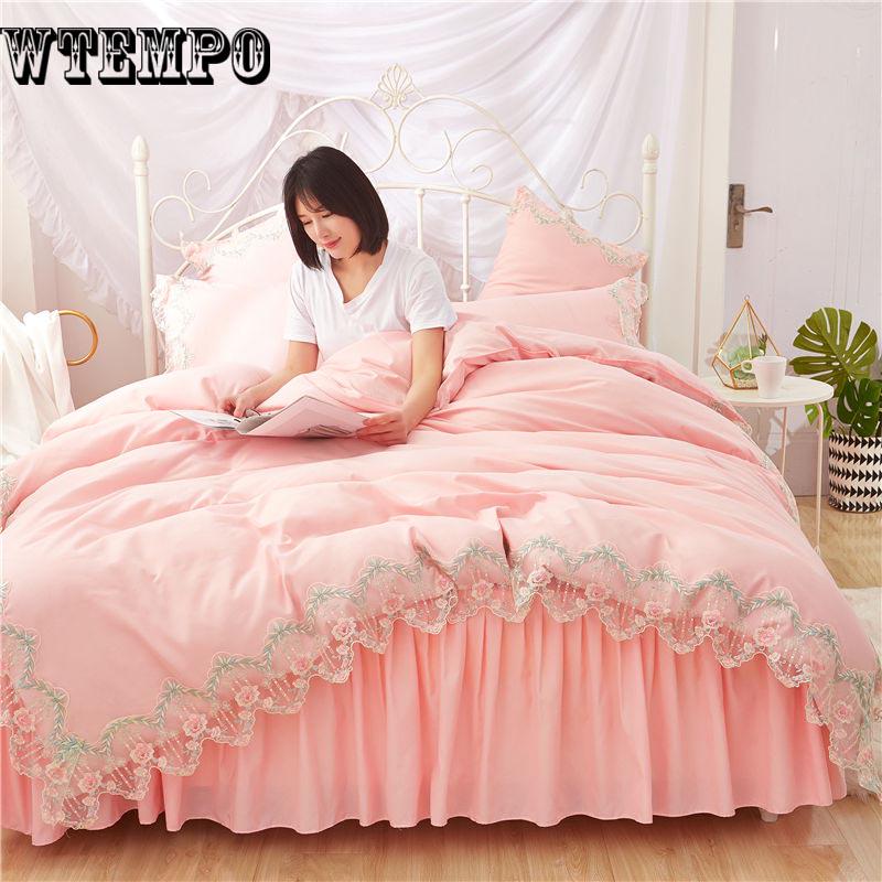 Princess Style Duvet Cover Set Cotton Bedding Sets Girls Cute Lace Bed Skirt Bedding Sets