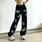 Design Butterfly Personality Print Jeans Female Korean Version of Retro Thin Loose Wild Black Straight Pants Tide