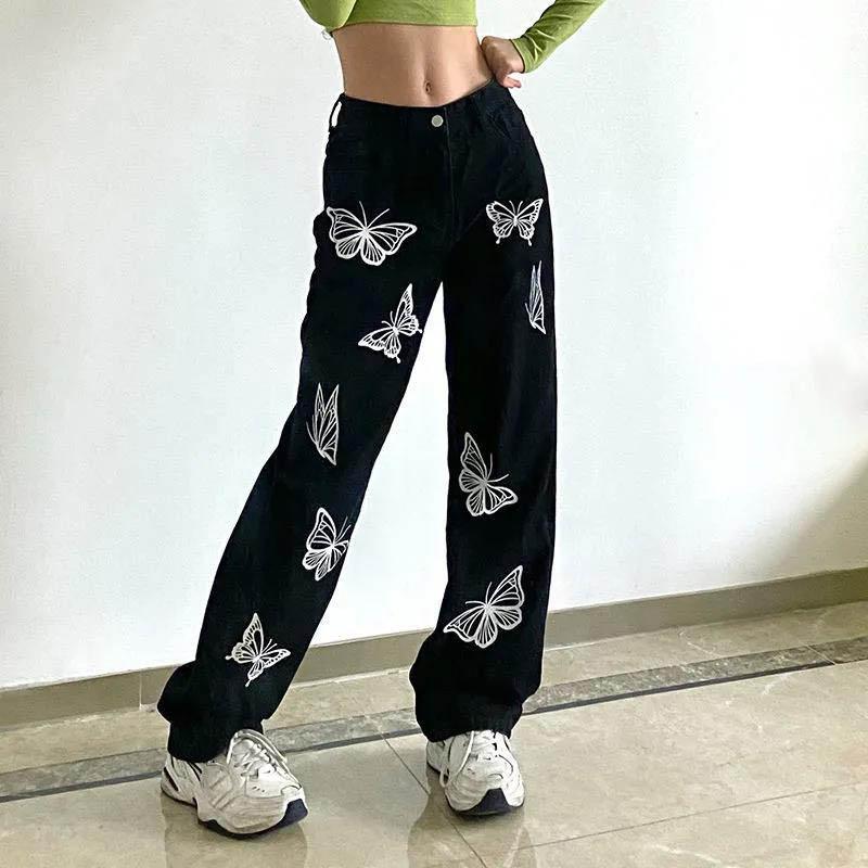 Design Butterfly Personality Print Jeans Female Korean Version of Retro Thin Loose Wild Black Straight Pants Tide