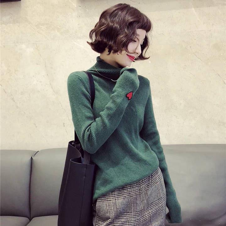 Women Embroidery Turtleneck Knitted Bottoming Shirt Slim Was Thin Wild Sweater Solid Color