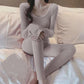 Women's Autumn Winter Tight Elastic Pajamas Set Striped Slim Body Fit Body Underwear Solid Color Round Neck Bottoming Warm Sleeping Set Loungewear