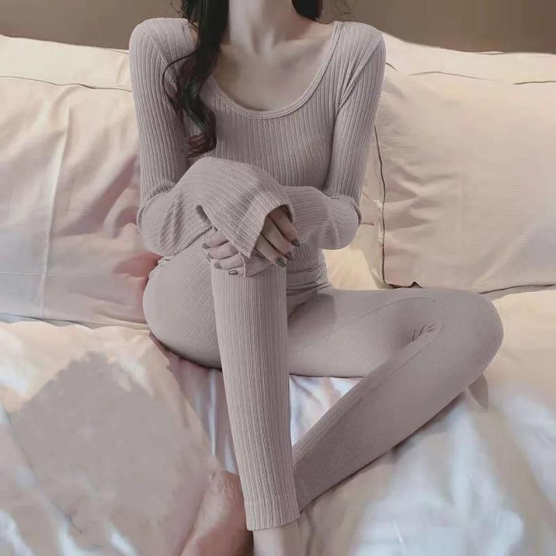 Women's Autumn Winter Tight Elastic Pajamas Set Striped Slim Body Fit Body Underwear Solid Color Round Neck Bottoming Warm Sleeping Set Loungewear