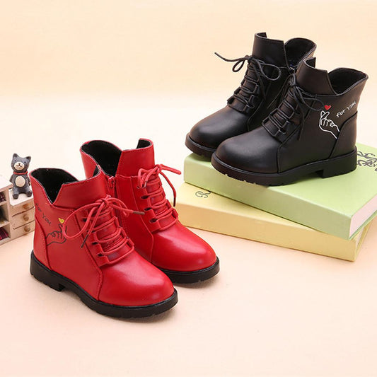 Children's baby girl leisure princess single leather boots shoes plus velvet