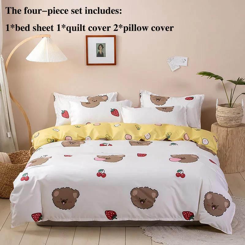 Bed Sheet Four-piece Bed Cover Non-slip Duvet Cover Bed Sheet Pillowcase Set 1.5 M 1.8 M Bed Home Pink Strawberry