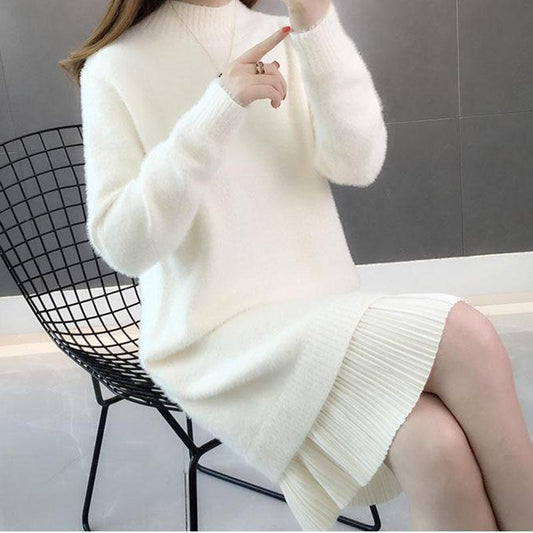 Long Faux Mink Fleece Sweater Winter Bottoming Sweater Thick Warm Knitted Lace Stitching Mohair Sweater Dress