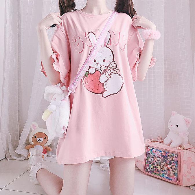 Harajuku Bunny Strawberry Shirt with Ruffles Kawaii Shirt Kawaii Clothing Soft Aesthetic Y2k Anime Shirt Japanese Shirt Cute Shirt Lolita