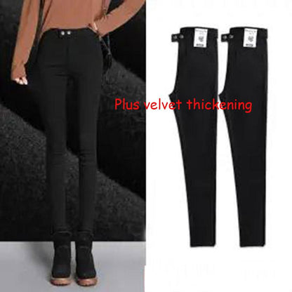 Double Button Winter Trousers Plus Velvet Leggings for Women's Outer Wear In Autumn and Winter High Waist Thin Black Pants Pencil Feet Warm Pants