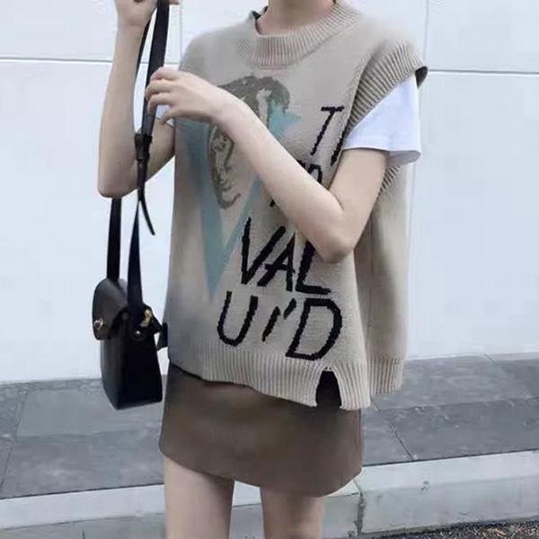 Retro Knitted Casual Vest Women's College Style Loose Waistcoat Outer Wear Autumn and Winter Sleeveless Sweater Avatar Character Top