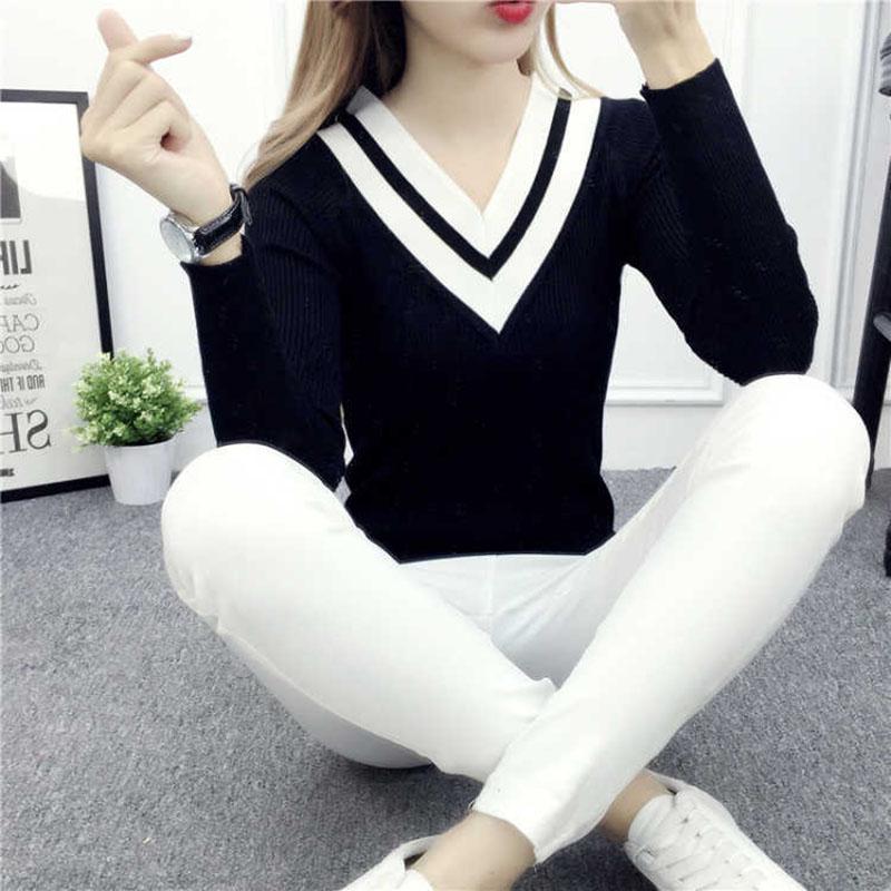 V-neck Short Sweater Autumn and Winter Pullover Slim Top Fashion Knitted Women Sweater