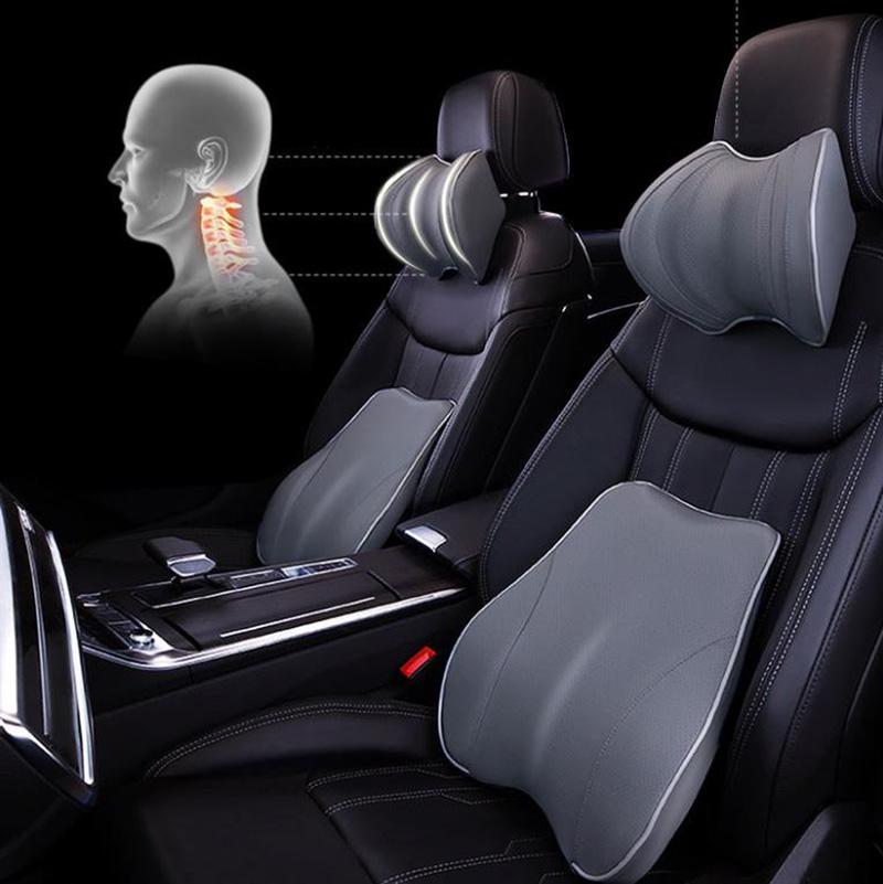 Pure Color Car Neck Pillow and Lumbar Pillow Set Seat Support Pillow Breathable Spine Protection Tool