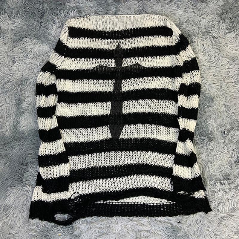 Punk Gothic Long Sweater Dress Plus Size Hollow Out Hole Destroy Pullover Jumper New Oversized Hip Hop Harajuku Striped Sweaters Hip Hop Streetwear