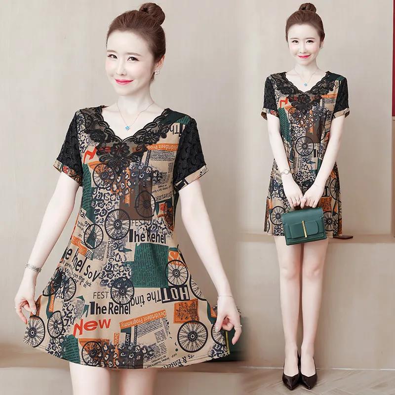 Large Size L-XXXXXL Women's Summer Dress Chiffon Veil Printing Above Knee V-neck Ruffle Short Sleeve Loose