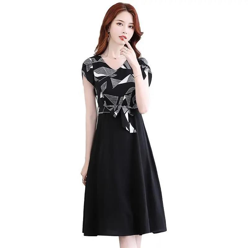 Summer Vestidos Women's New Black V-neck Stitching Loose Fit Slim Thin Dress Casual Temperament Mujer Dresses Female