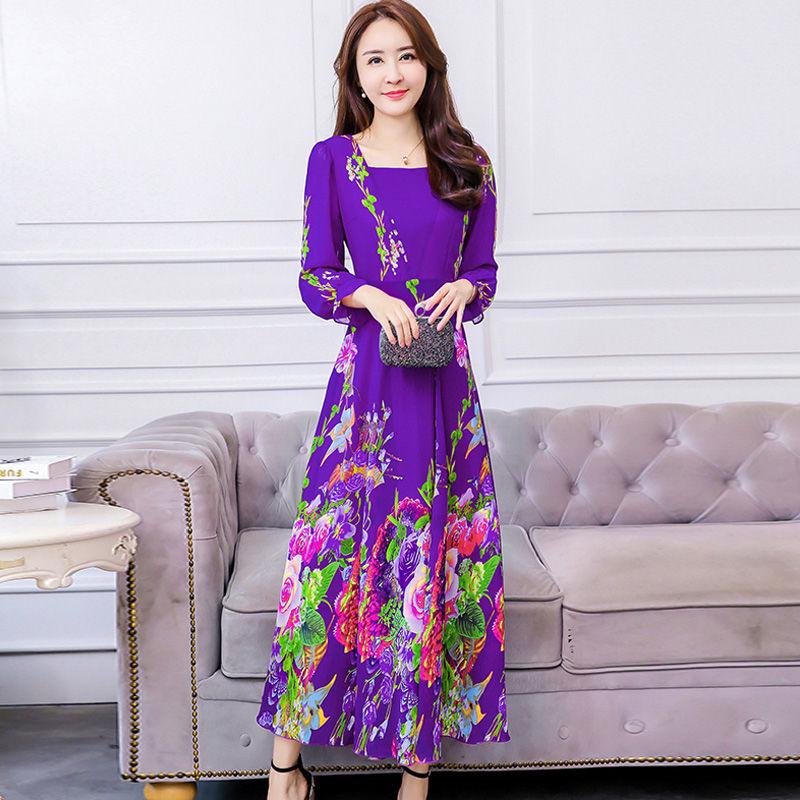 Big swing skirt long skirt spring and autumn plus size floral dress chiffon long sleeve dress