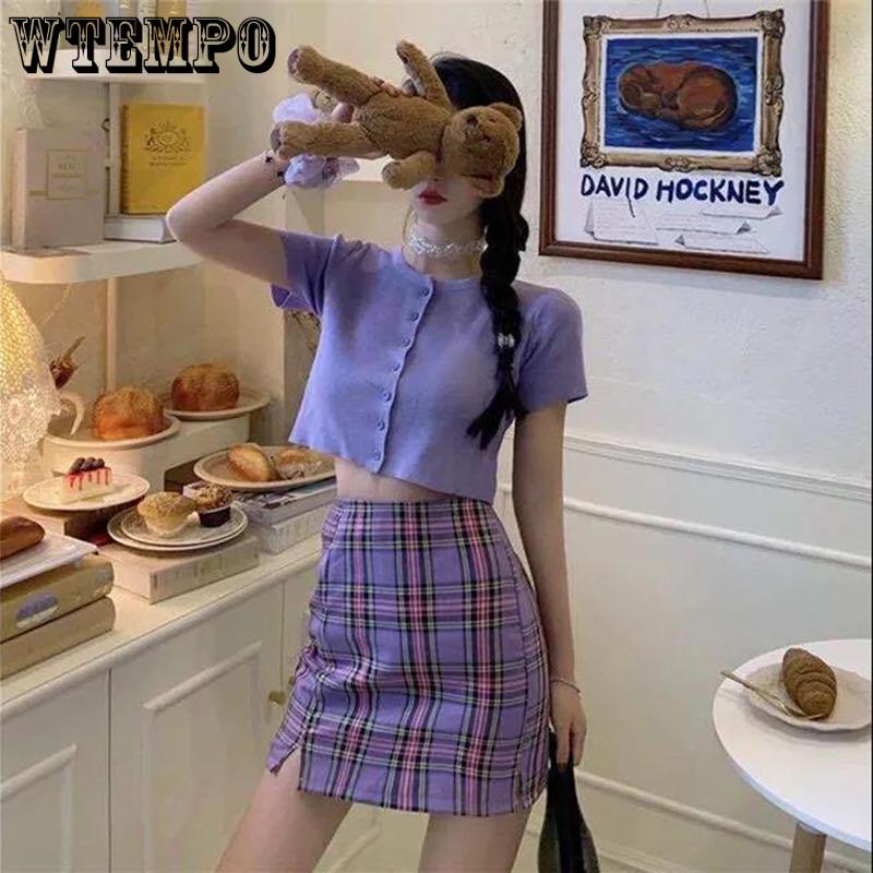 A-line Plaid Skirt Sweet Girl Student Mini Women High Waist Grid Split Short Skirts