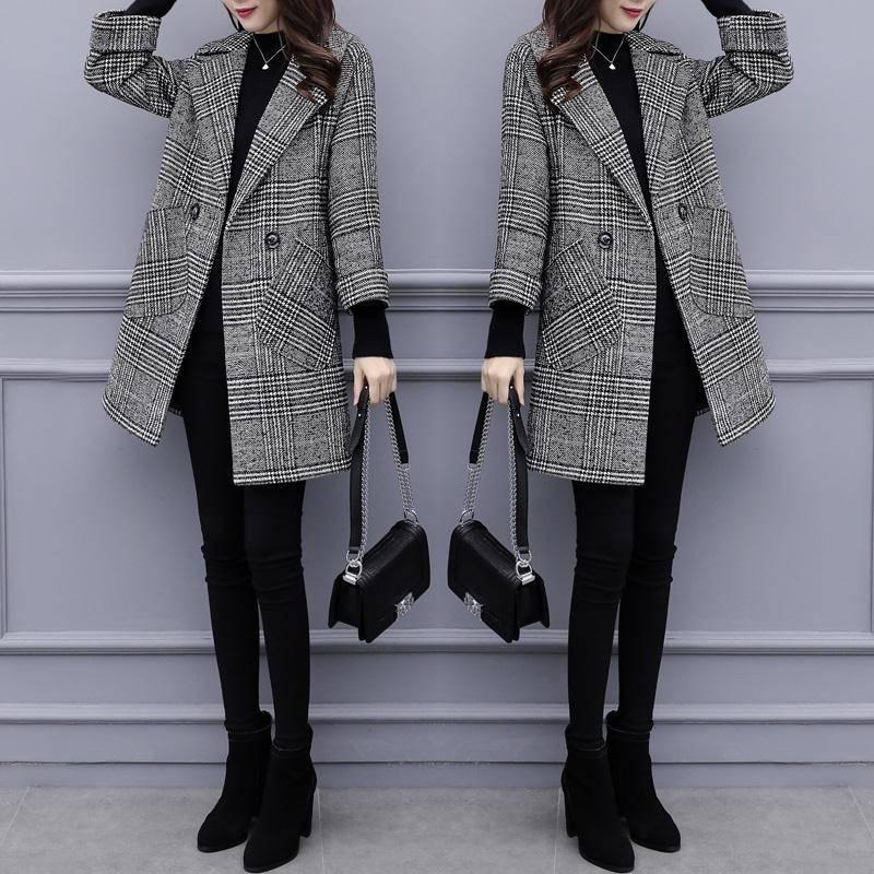 Women Outerwear Winter Clothing Fashion Warm Woolen Blends Female Plaid Double Breasted Woolen Coat