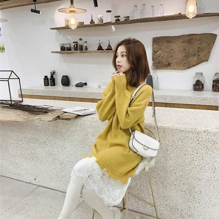 Pofulove 6 Colors Women Winter Pullover Sweater Dress  Half-Turtleneck Lace Knitted Long Skirt